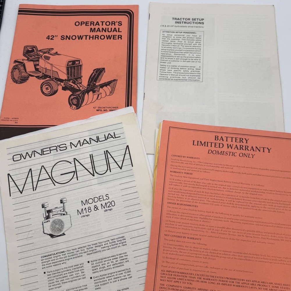 Kohler Magnum M18 M20 Engine‎ Manual Simplicity Sunstar 42 Snowthrower Lot